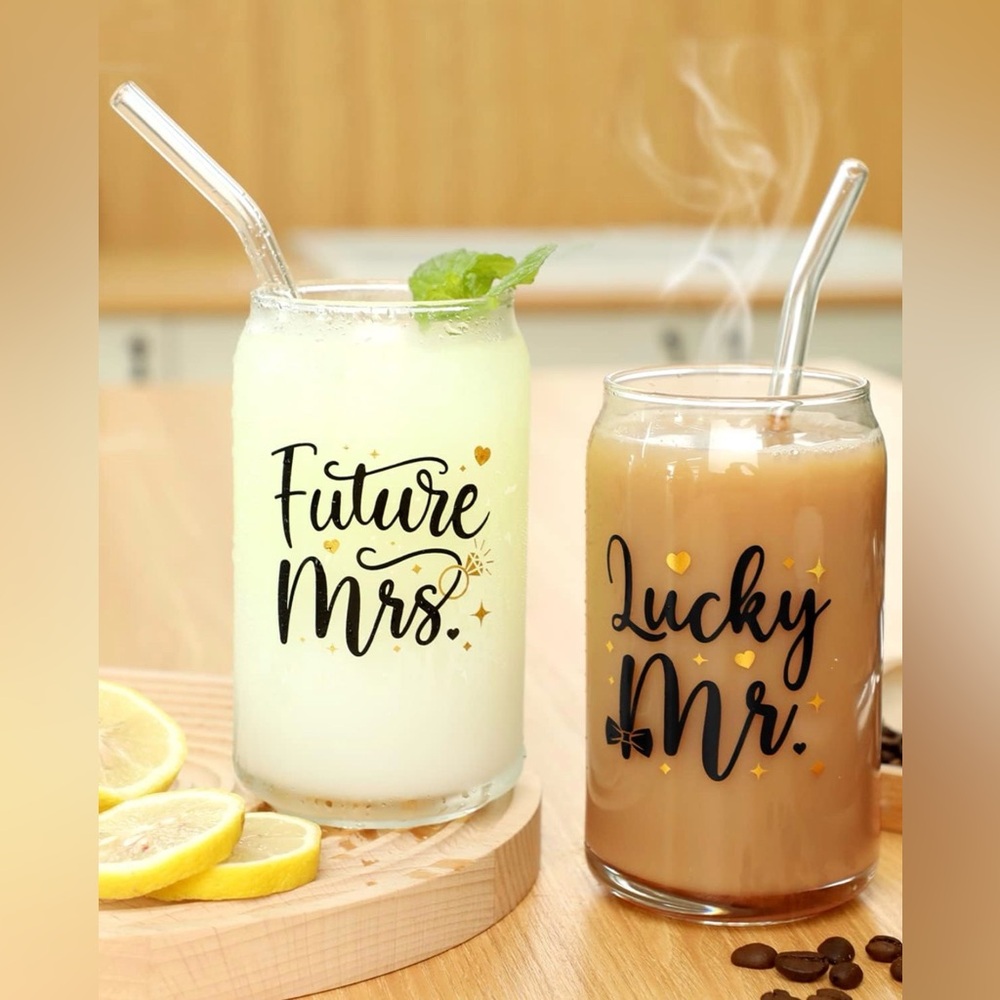 💍 Future Mrs & Lucky Mr Glass Can Set (2pcs + Straws + Brush) — Brand New in Box
